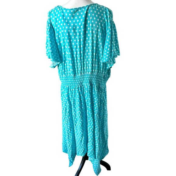 MICHAEL KORS Women's 3X Turquoise Georgette White Polka Dot Faux Wrap Midi Dress - Picture 3 of 8